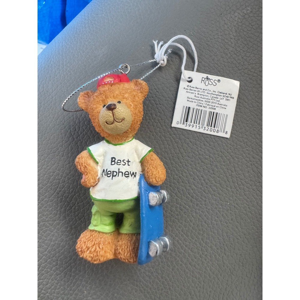 Russ Berrie Best Nephew Teddy Bear Skateboard Ornament Red Hat 32008 NWT